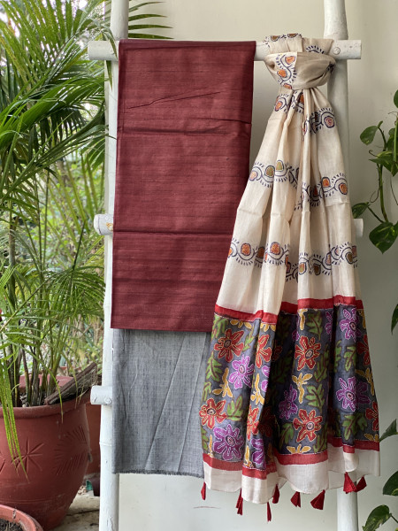 MAROON & GREY TUSSAR SILK KANTHA EMBROIDERED dupatta  SET