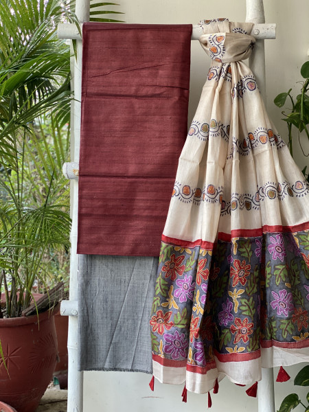 MAROON & GREY TUSSAR SILK KANTHA EMBROIDERED dupatta  SET