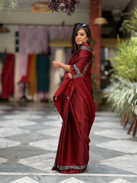 MAROON-BLACK MODAL SILK AJRAKH BLOCK PRINT SARI