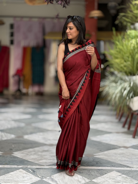 MAROON-BLACK MODAL SILK AJRAKH BLOCK PRINT SARI