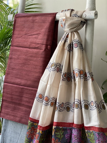 MAROON & GREY TUSSAR SILK KANTHA EMBROIDERED dupatta  SET