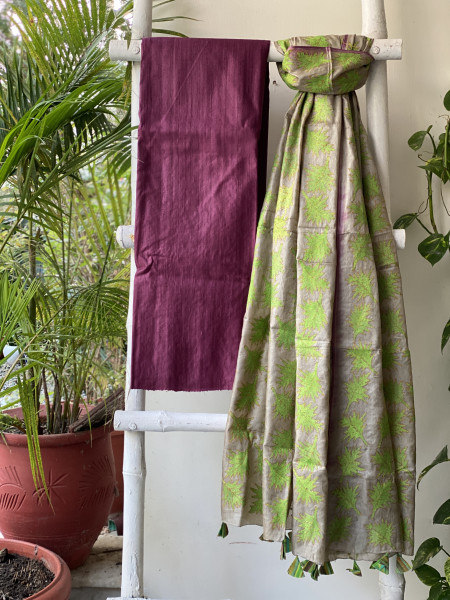 WINE & BEIGE TUSSAR SILK KANTHA EMBROIDERED dupatta  SET