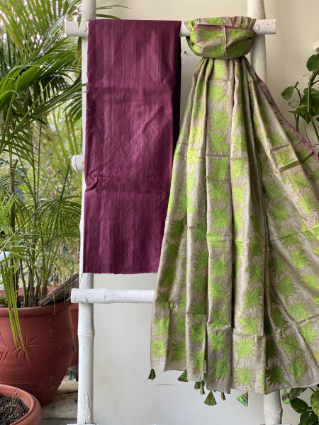 WINE & BEIGE TUSSAR SILK KANTHA EMBROIDERED dupatta  SET