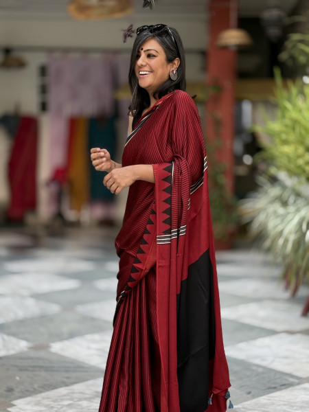 MAROON-BLACK MODAL SILK AJRAKH BLOCK PRINT SARI