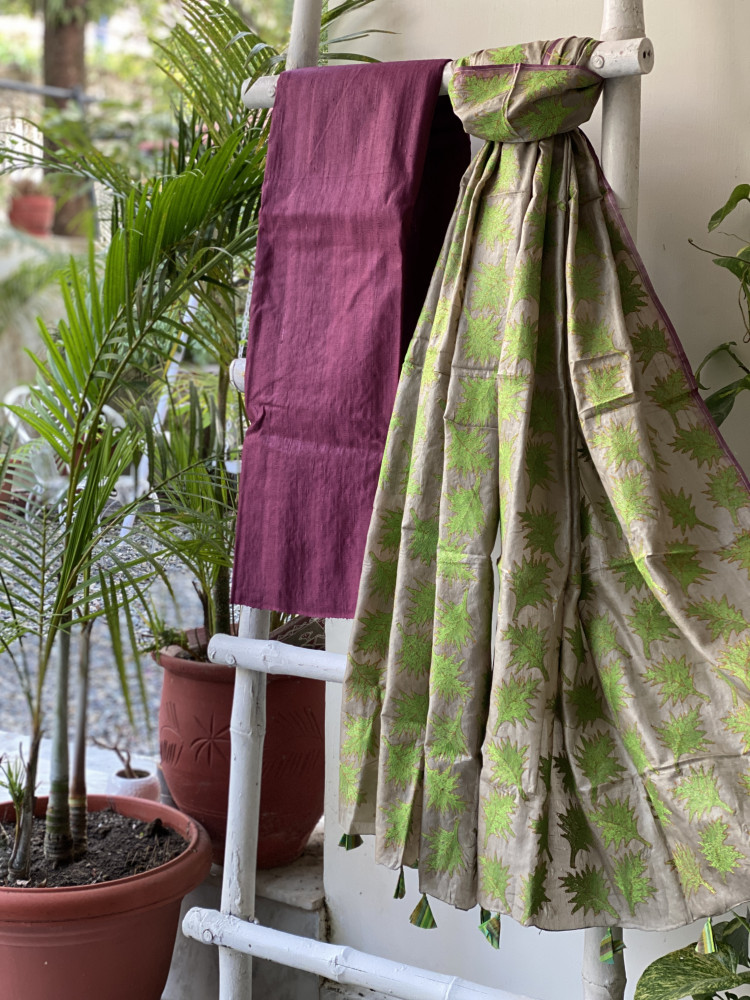 Image of WINE &amp; BEIGE TUSSAR SILK KANTHA EMBROIDERED dupatta  SET