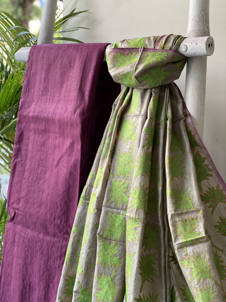 WINE & BEIGE TUSSAR SILK KANTHA EMBROIDERED dupatta  SET