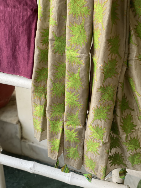 WINE & BEIGE TUSSAR SILK KANTHA EMBROIDERED dupatta  SET