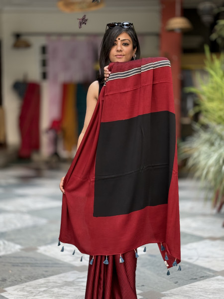 MAROON-BLACK MODAL SILK AJRAKH BLOCK PRINT SARI