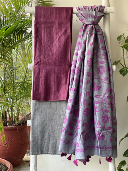 WINE & GREY TUSSAR SILK KANTHA EMBROIDERED dupatta  SET