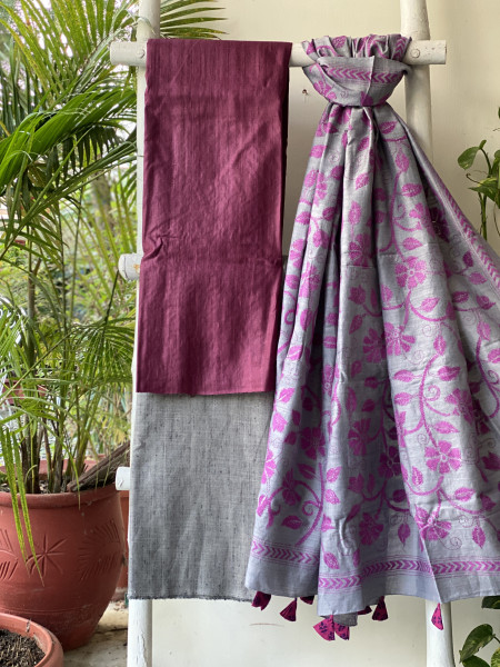 WINE & GREY TUSSAR SILK KANTHA EMBROIDERED dupatta  SET