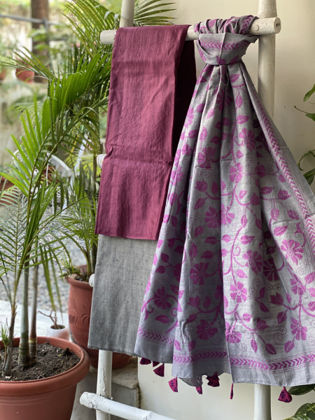 WINE & GREY TUSSAR SILK KANTHA EMBROIDERED dupatta  SET
