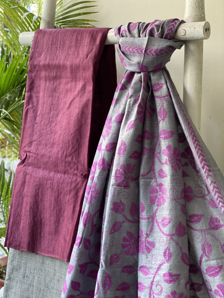 WINE & GREY TUSSAR SILK KANTHA EMBROIDERED dupatta  SET