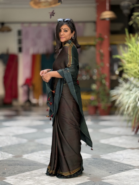 BOTTLE GREEN-MAROON MODAL SILK AJRAKH BLOCK PRINT SARI