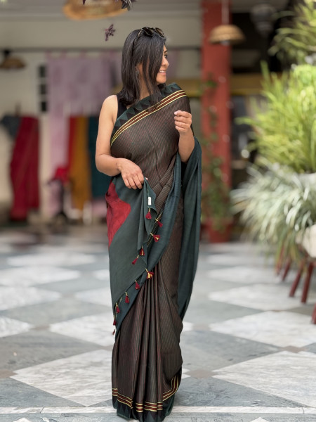BOTTLE GREEN-MAROON MODAL SILK AJRAKH BLOCK PRINT SARI