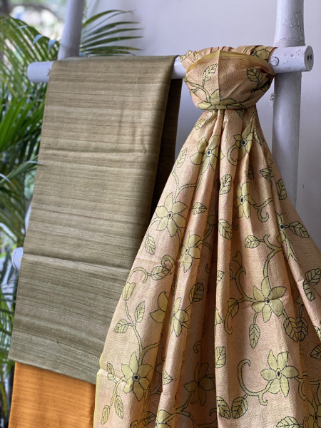 MEHNDI GREEN & YELLOW TUSSAR SILK KANTHA EMBROIDERED dupatta  SET