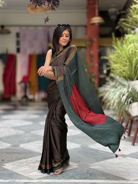 BOTTLE GREEN-MAROON MODAL SILK AJRAKH BLOCK PRINT SARI