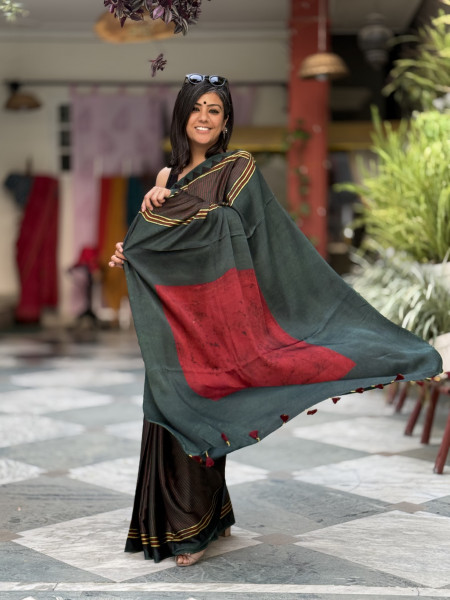 BOTTLE GREEN-MAROON MODAL SILK AJRAKH BLOCK PRINT SARI