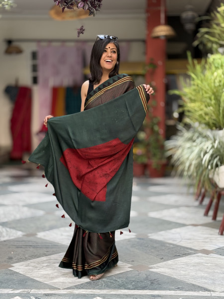 BOTTLE GREEN-MAROON MODAL SILK AJRAKH BLOCK PRINT SARI