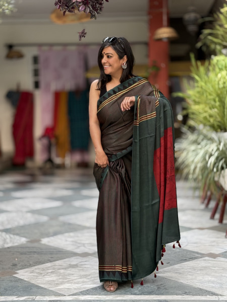 BOTTLE GREEN-MAROON MODAL SILK AJRAKH BLOCK PRINT SARI