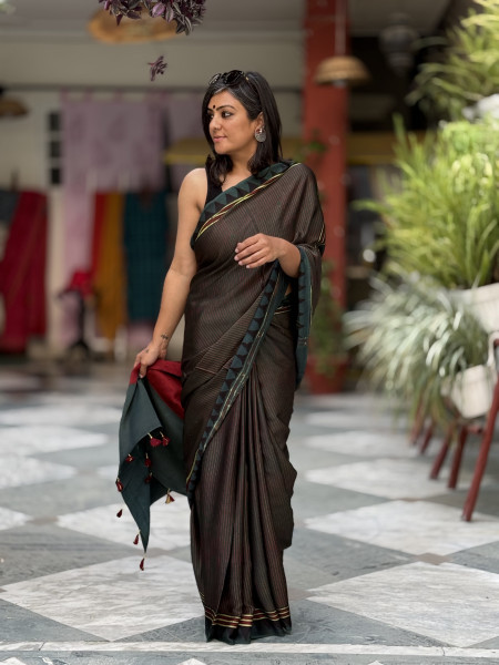 BOTTLE GREEN-MAROON MODAL SILK AJRAKH BLOCK PRINT SARI