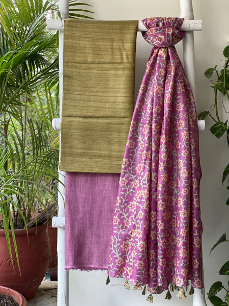 MEHNDI GREEN TUSSAR SILK KANTHA EMBROIDERED dupatta  SET