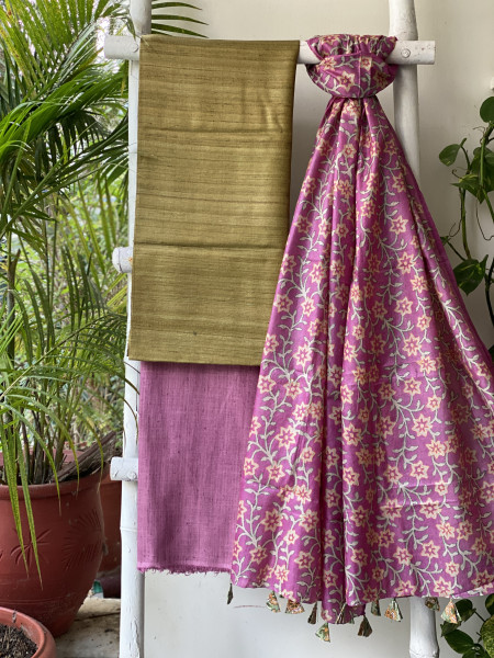 MEHNDI GREEN TUSSAR SILK KANTHA EMBROIDERED dupatta  SET