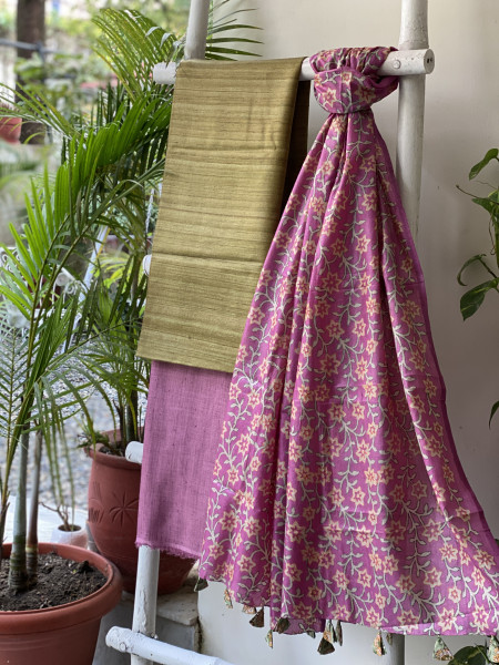 MEHNDI GREEN TUSSAR SILK KANTHA EMBROIDERED dupatta  SET