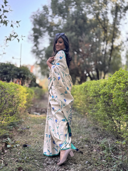 OFF WHITE-AQUA BLOCK PRINT TUSSAR SILK SARI