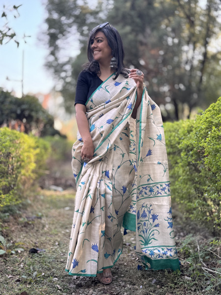 OFF WHITE-AQUA BLOCK PRINT TUSSAR SILK SARI