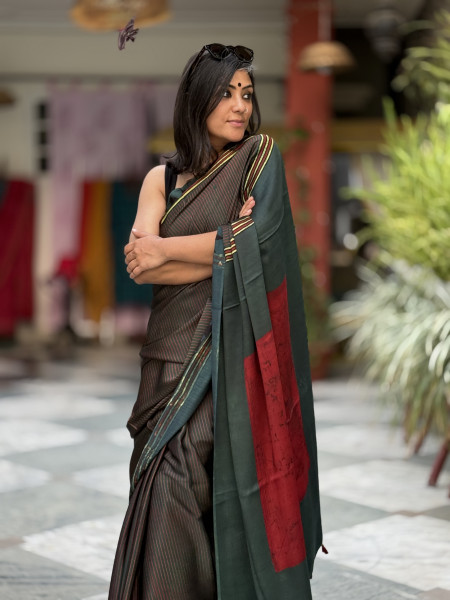 BOTTLE GREEN-MAROON MODAL SILK AJRAKH BLOCK PRINT SARI