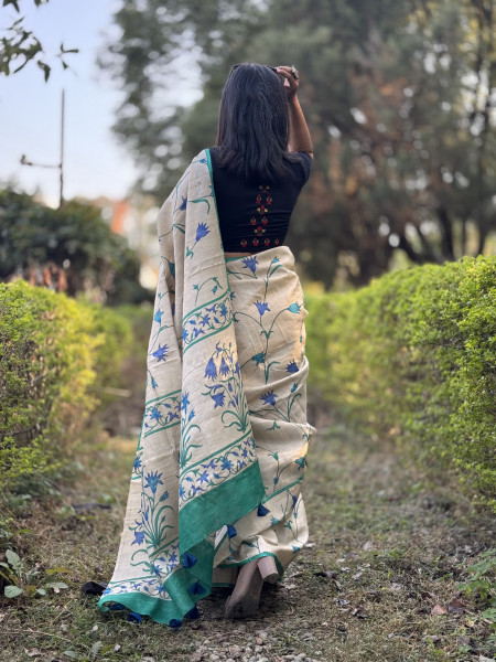 OFF WHITE-AQUA BLOCK PRINT TUSSAR SILK SARI