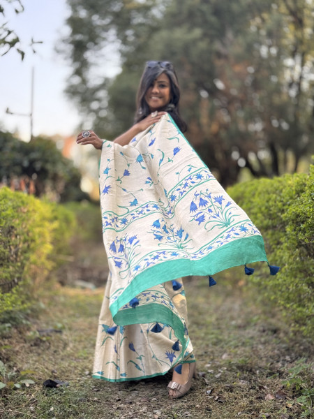 OFF WHITE-AQUA BLOCK PRINT TUSSAR SILK SARI