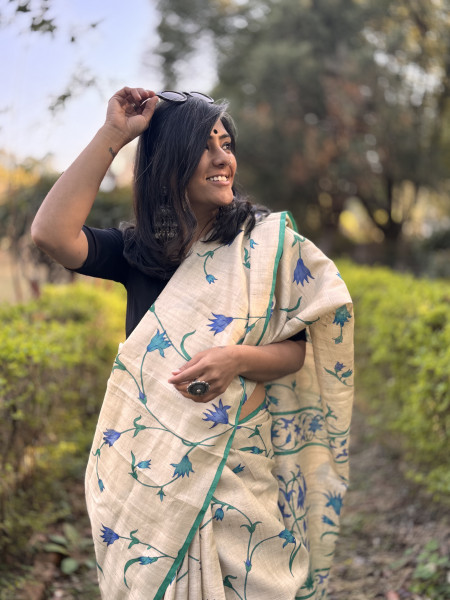 OFF WHITE-AQUA BLOCK PRINT TUSSAR SILK SARI