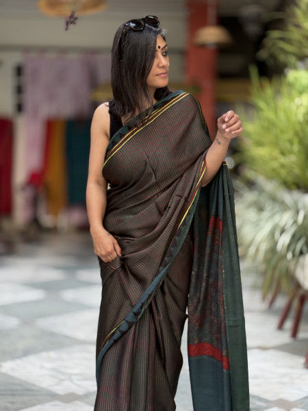 BOTTLE GREEN-MAROON MODAL SILK AJRAKH BLOCK PRINT SARI