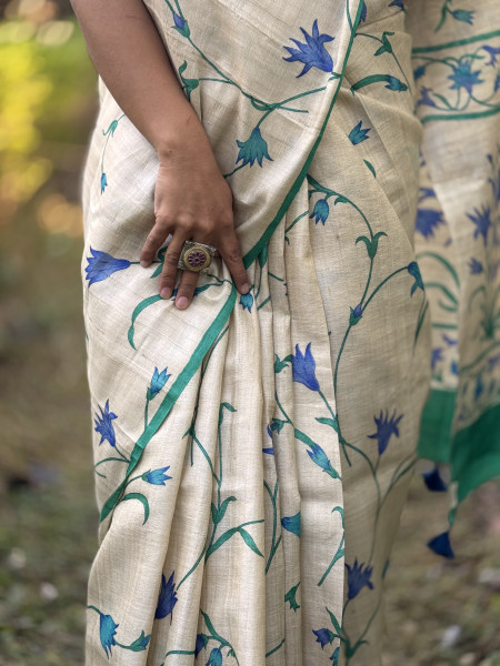 OFF WHITE-AQUA BLOCK PRINT TUSSAR SILK SARI
