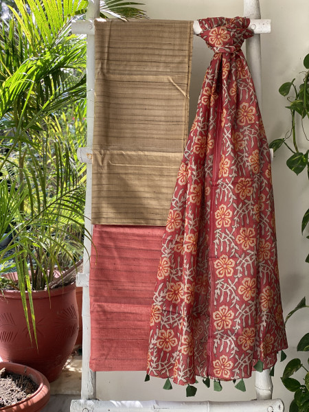 FAWN & RUST TUSSAR SILK KANTHA EMBROIDERED dupatta  SET