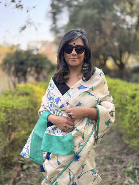 OFF WHITE-AQUA BLOCK PRINT TUSSAR SILK SARI