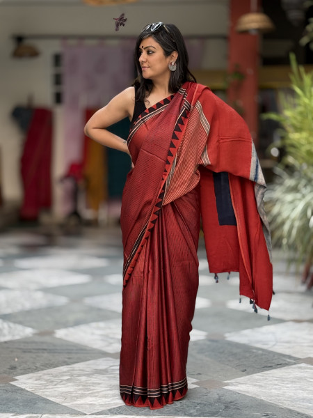 MAROON-INDIGO MODAL SILK AJRAKH BLOCK PRINT SARI