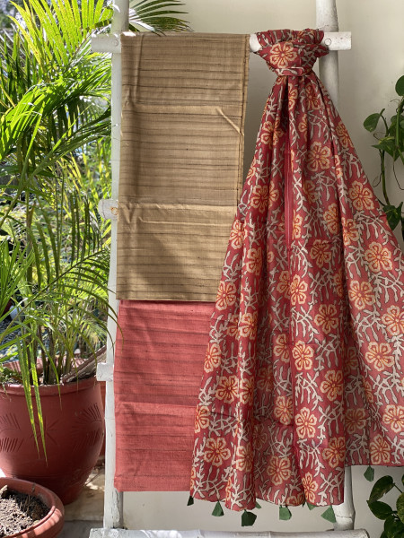 FAWN & RUST TUSSAR SILK KANTHA EMBROIDERED dupatta  SET