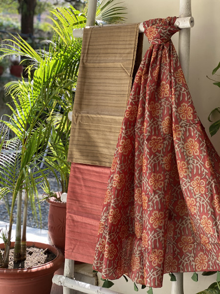 FAWN & RUST TUSSAR SILK KANTHA EMBROIDERED dupatta  SET