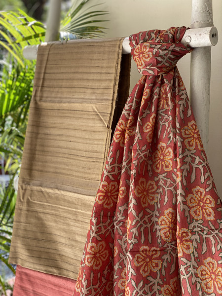 FAWN & RUST TUSSAR SILK KANTHA EMBROIDERED dupatta  SET