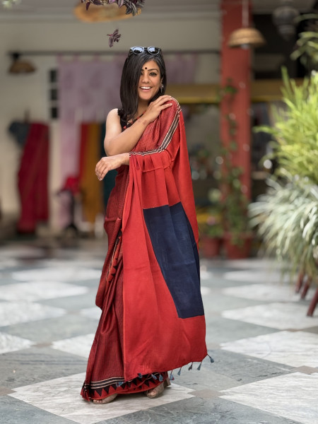 MAROON-INDIGO MODAL SILK AJRAKH BLOCK PRINT SARI