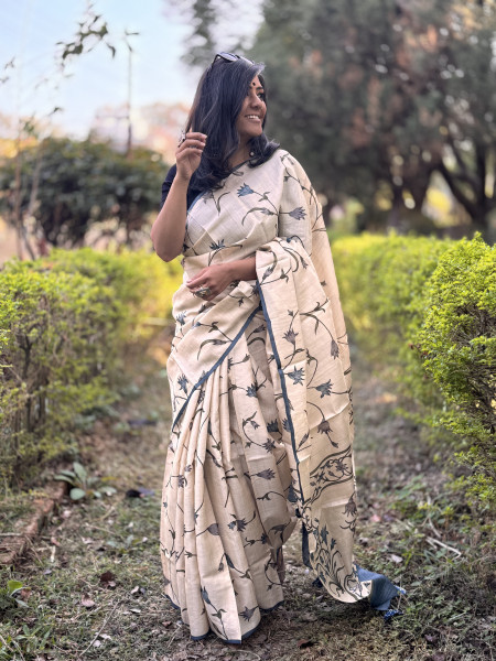 OFF WHITE-GREY BLOCK PRINT TUSSAR SILK SARI
