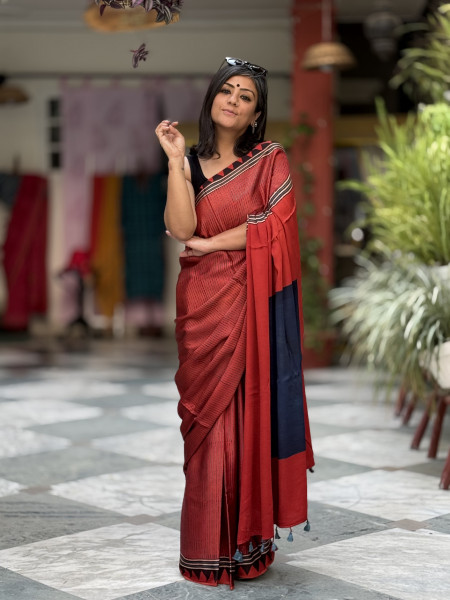 MAROON-INDIGO MODAL SILK AJRAKH BLOCK PRINT SARI