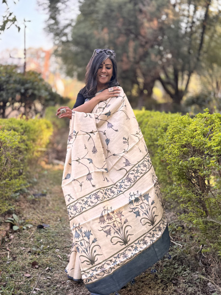 OFF WHITE-GREY BLOCK PRINT TUSSAR SILK SARI