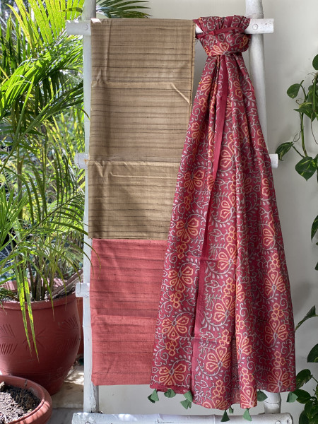 FAWN & RUST TUSSAR SILK KANTHA EMBROIDERED dupatta  SET