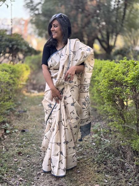 OFF WHITE-GREY BLOCK PRINT TUSSAR SILK SARI