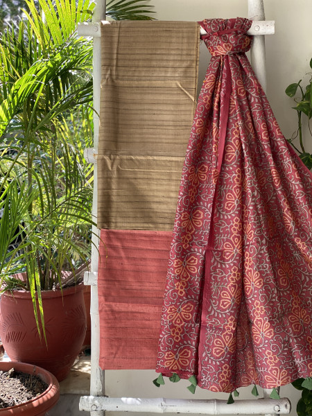 FAWN & RUST TUSSAR SILK KANTHA EMBROIDERED dupatta  SET