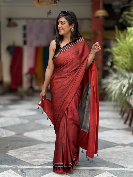 MAROON-INDIGO MODAL SILK AJRAKH BLOCK PRINT SARI