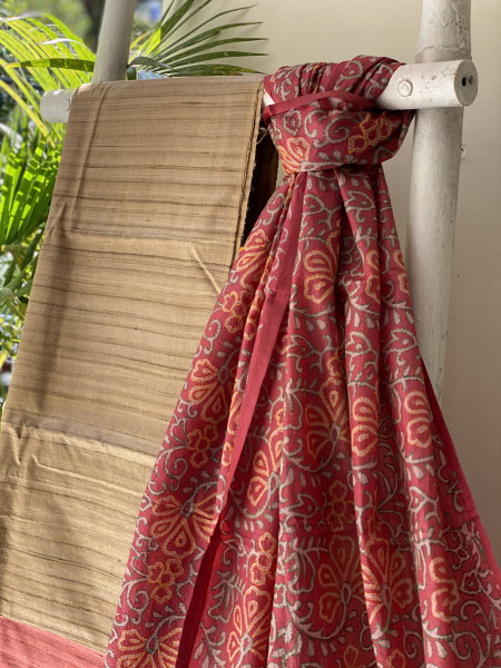 FAWN & RUST TUSSAR SILK KANTHA EMBROIDERED dupatta  SET